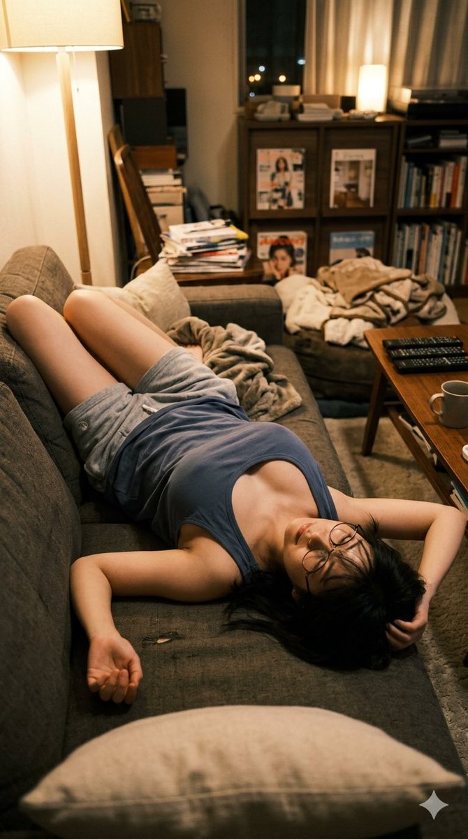 Cozy Night Living Room Candid Qwen Image 프롬프트 예시: Generates a warm photorealistic candid apartment scene with a relaxed person lying on a sofa amid realistic nighttime clutter.