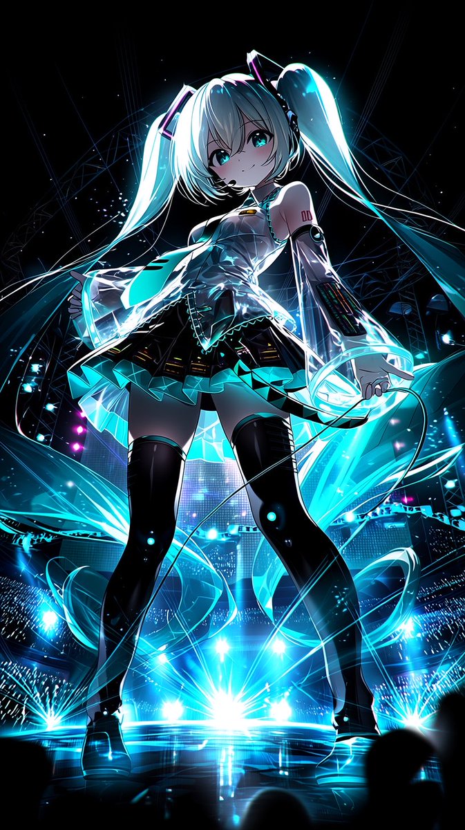 Neon Virtual Idol Concert Qwen Image prompt example: Generates a dynamic low-angle anime illustration of Hatsune Miku performing on a glowing futuristic concert stage.