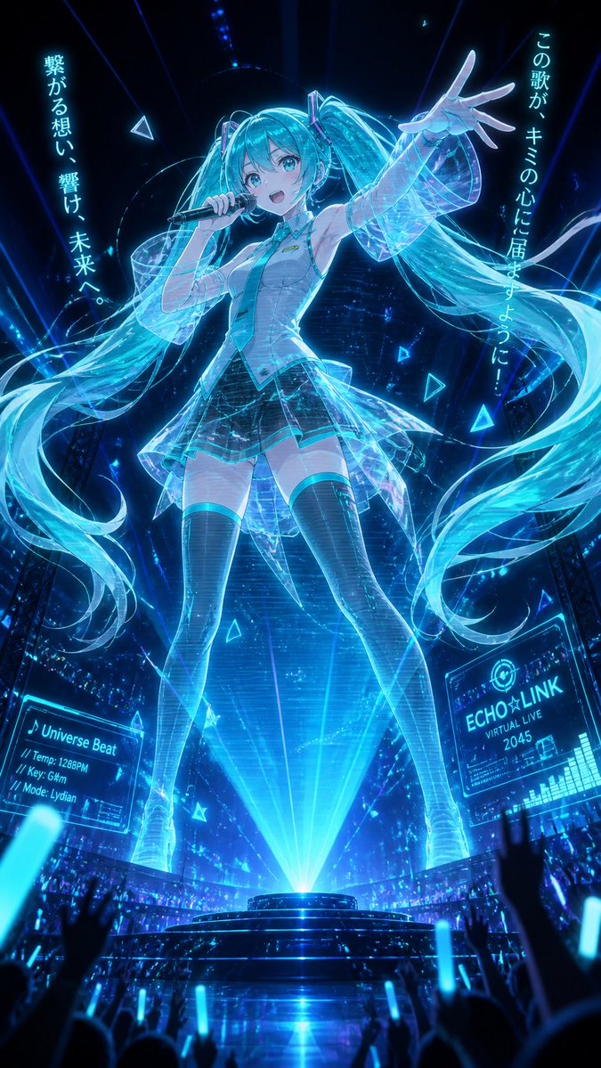 Holographic Miku Cyber Concert 的 GPT Image 2 提示词示例图:Generates a dramatic vertical cyberpunk virtual idol concert poster with glowing holograms, Japanese slogans, and futuristic...
