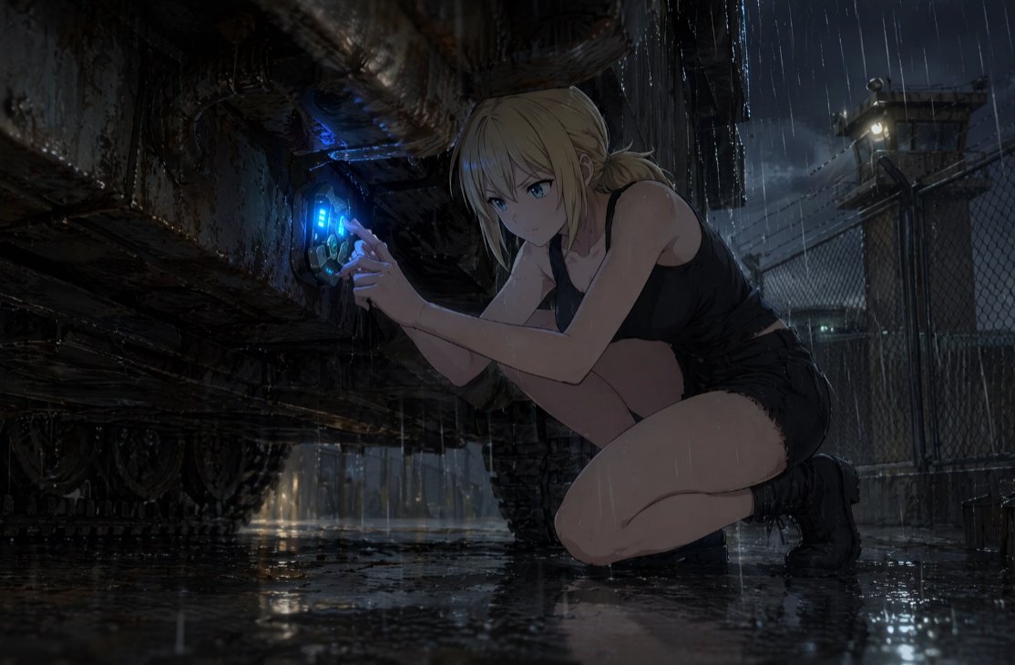 Rainy Sci-Fi Infiltration Scene Qwen Image prompt example: Generates a moody cinematic anime scene of a crouching operative interacting with a glowing device beneath a rusted...