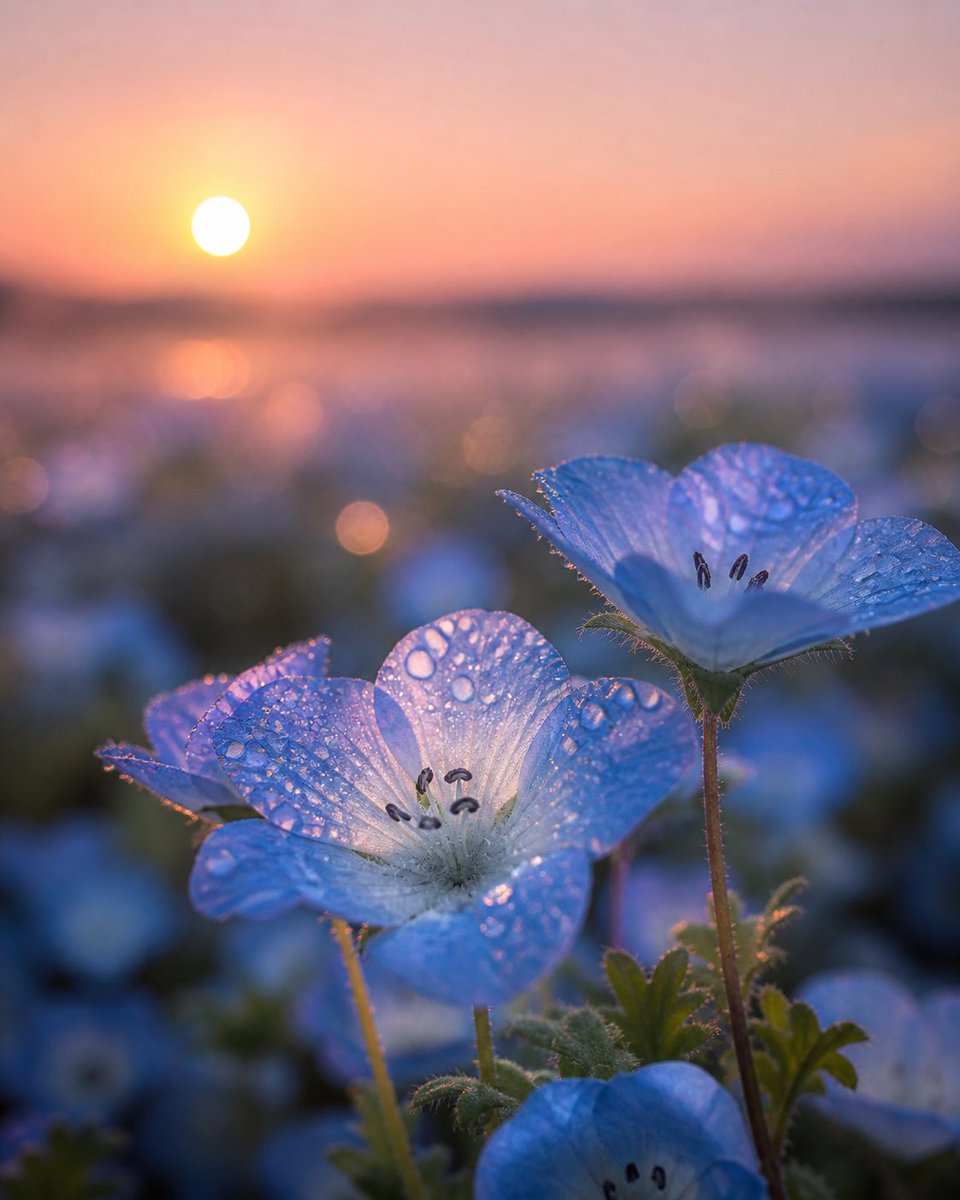 Dewy Nemophila Sunrise Macro Qwen Image 프롬프트 예시: Generates a photorealistic close-up of dew-covered blue nemophila flowers glowing in a warm sunrise field, ideal for dreamy...