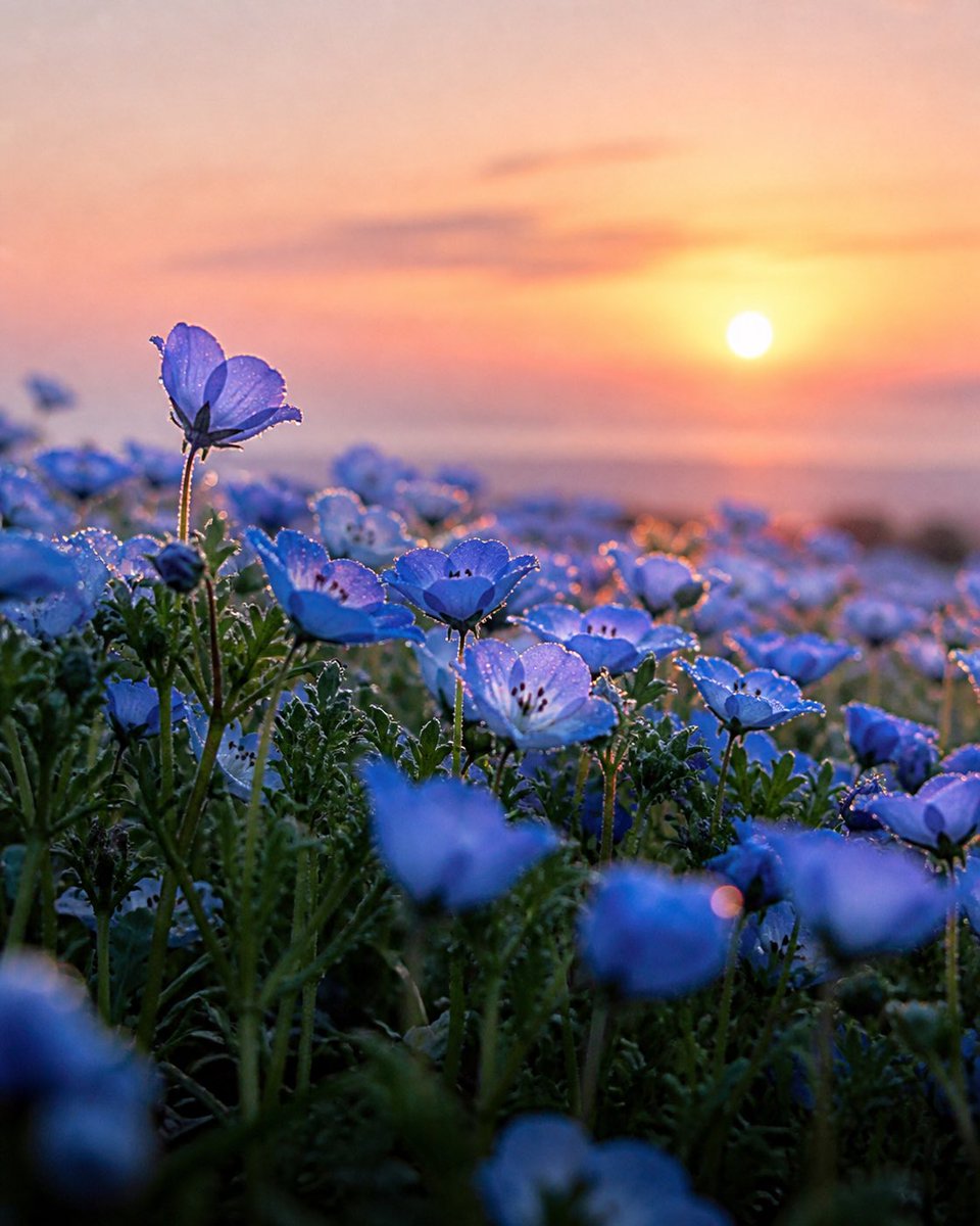 Dewy Nemophila Sunrise Macro Qwen Image 프롬프트 예시: A photorealistic low-angle macro scene of blue nemophila flowers glowing with dew under a warm sunrise, ideal for dreamy floral...