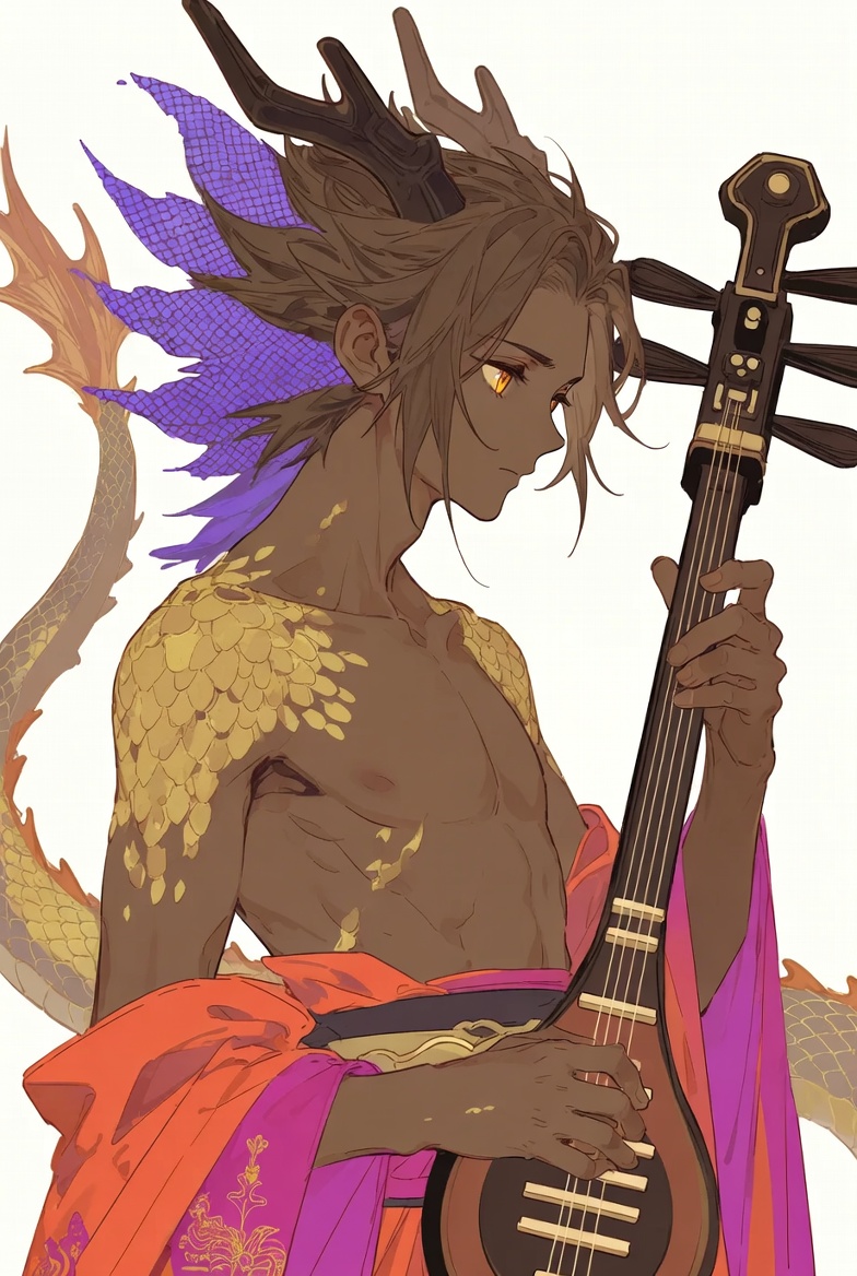 Censored Dragon Musician Portrait GPT Image 2 prompt example: Generates a vertical anime fantasy portrait of a horned dragon musician holding a traditional string instrument,...