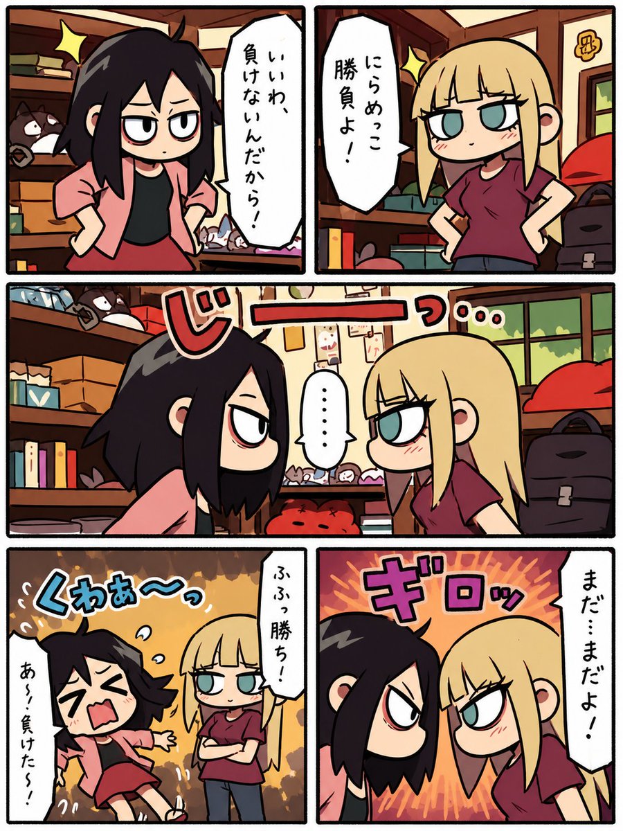 Chibi Staring Contest Manga Page GPT Image 2 prompt example: Generates a five-panel cute manga comic page about two chibi girls having an intense and funny staring contest in a...