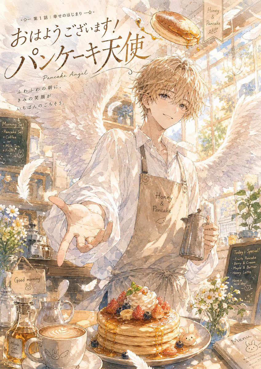 Pancake Angel Cafe Cover Qwen Image prompt example: Generates a dreamy watercolor anime cover of a winged cafe angel serving honey pancakes in a sunlit morning cafe.