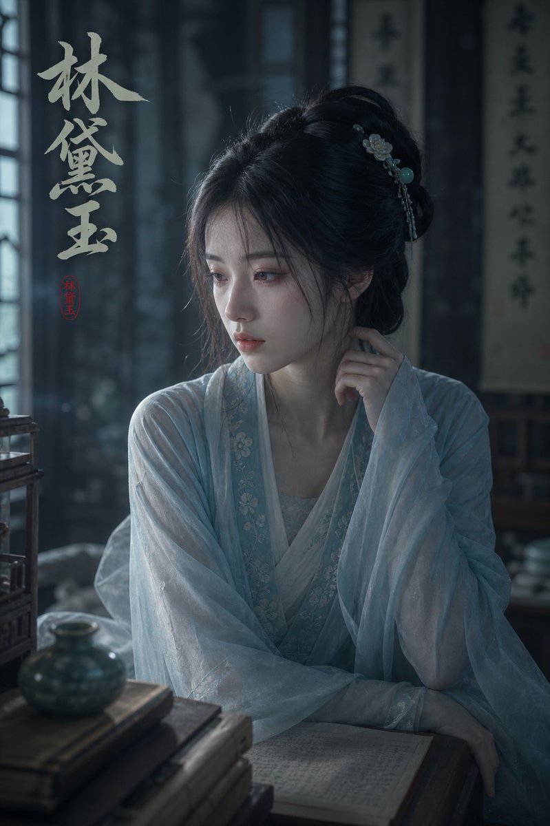 Melancholic Lin Daiyu Portrait のQwen Imageプロンプト例: Generates a cinematic ancient Chinese study portrait of Lin Daiyu with Hanfu styling, calligraphy, and a poetic Red Chamber...