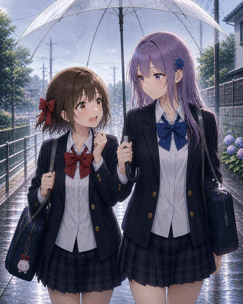 Rainy After-School Umbrella Friends Qwen Image 프롬프트 예시: Generates a cinematic anime scene of two uniformed schoolgirls sharing a transparent umbrella on a rainy walk home.