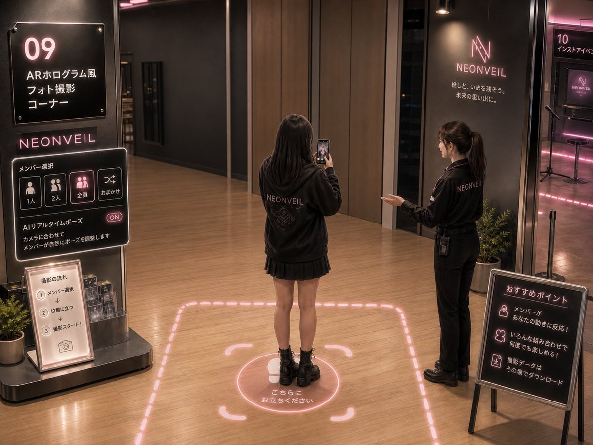 NEONVEIL AR Photo Zone のQwen Imageプロンプト例: A photorealistic concept scene for an idol pop-up shop AR hologram photo corner with neon signage, visitor interaction, and...