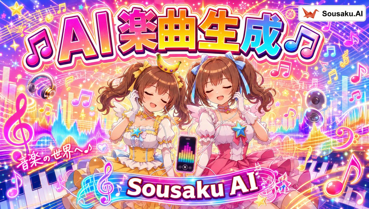 Magical Girl AI Music Thumbnail 的 GPT Image 2 提示词示例图:Generates a colorful anime promotional thumbnail featuring two magical girls listening to AI-generated music for a music...