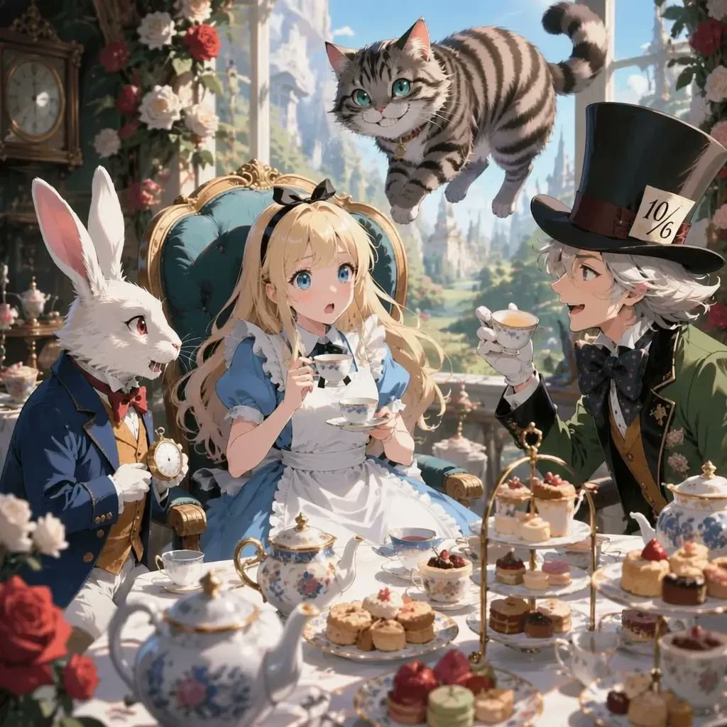 Anime Alice Wonderland Tea Party GPT Image 2 prompt example: Generates a detailed anime fantasy tea party scene with Alice, the White Rabbit, Cheshire Cat, and Mad Hatter for...