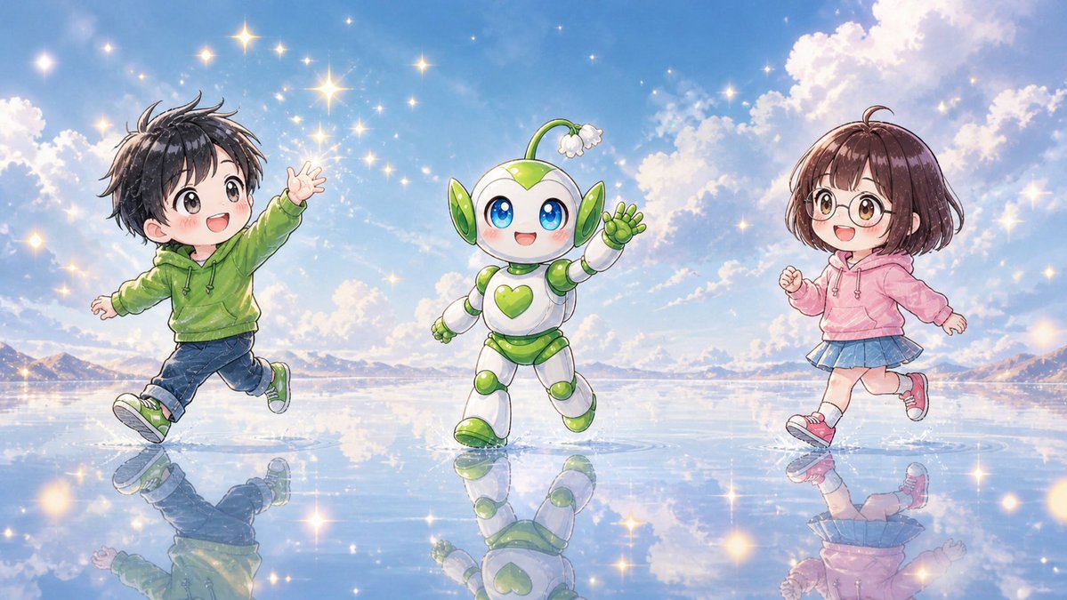 Chibi Friends on Sparkling Water のQwen Imageプロンプト例: Generates a cheerful wide anime scene of two chibi children and a cute robot mascot running across a reflective magical water...