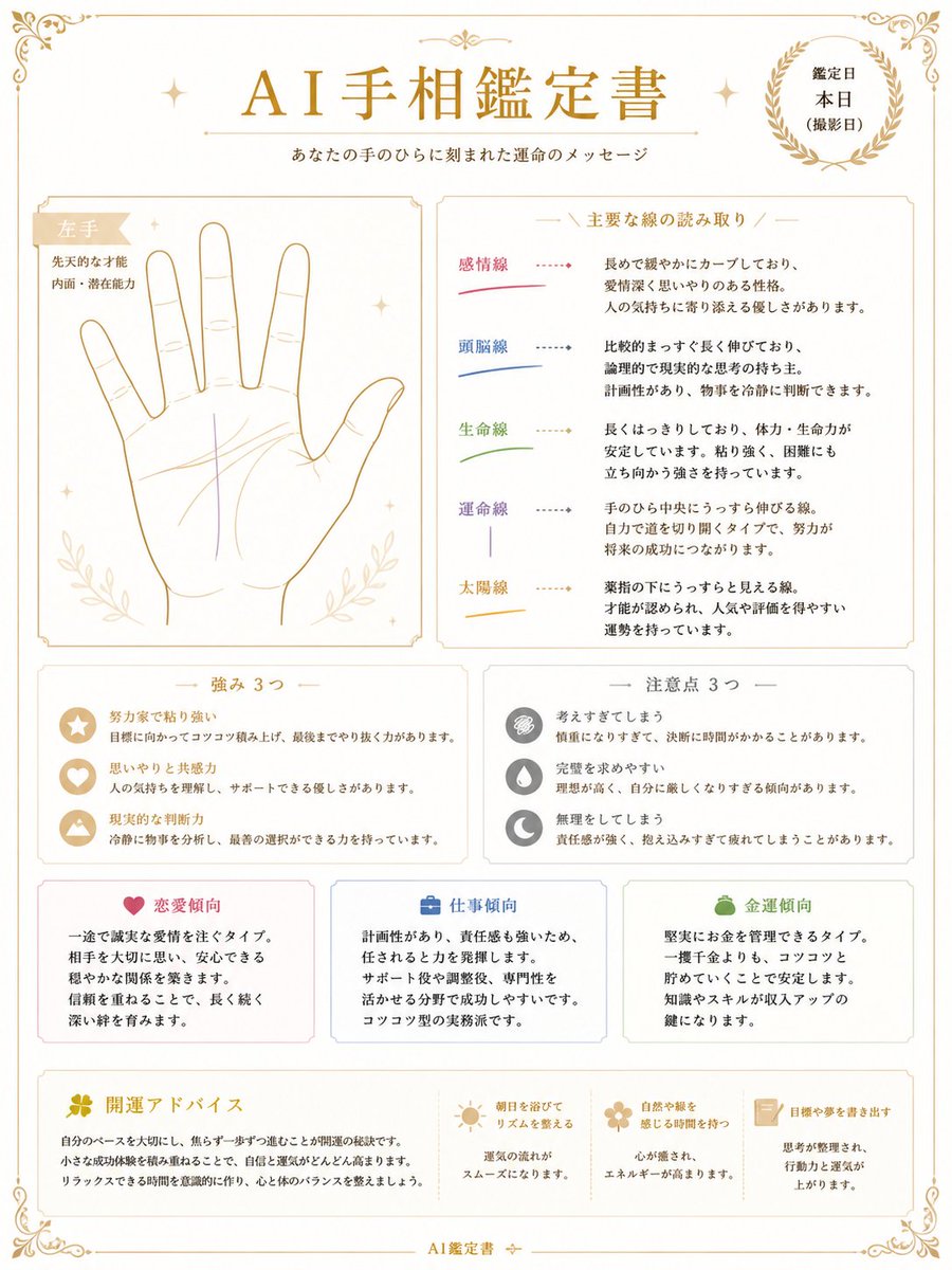 Japanese AI Palm Reading Certificate のQwen Imageプロンプト例: Generates an elegant Japanese palmistry report layout with a hand diagram, line interpretations, strengths, cautions, life...