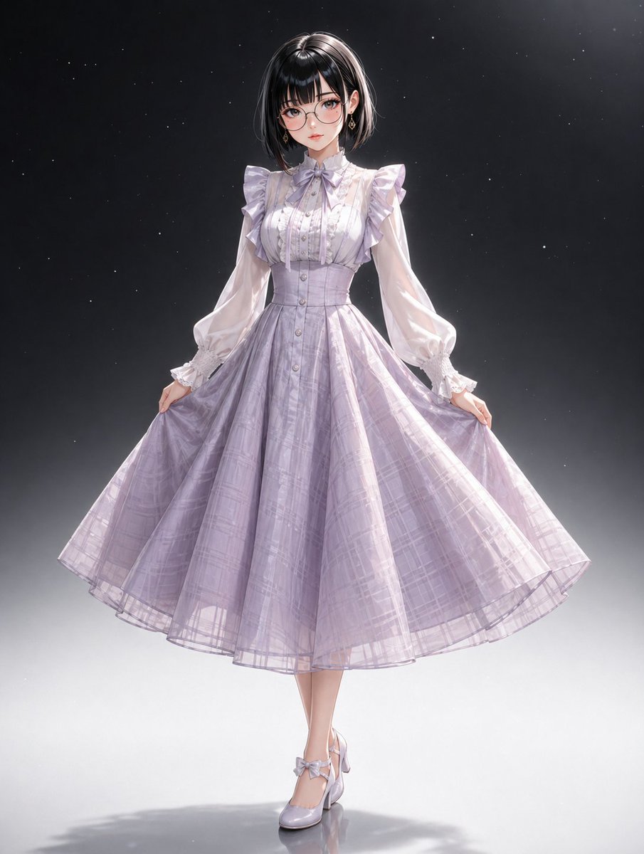Lavender Lolita Dress Portrait GPT Image 2 prompt example: Generates a polished full-body fashion illustration of a woman modeling a translucent lavender lolita-style dress in a...