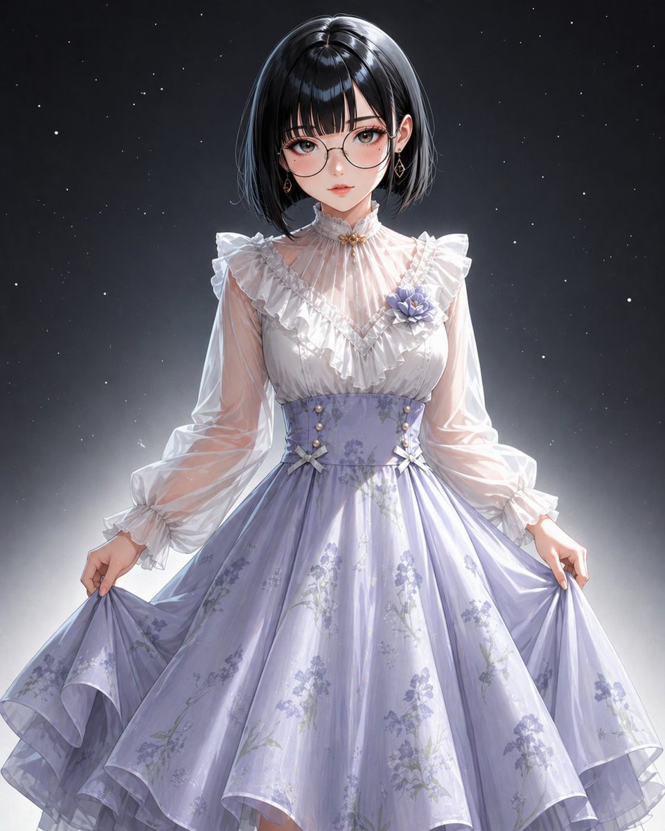 Starry Lavender Lolita Dress Portrait Qwen Image 프롬프트 예시: Generates an elegant anime fashion portrait featuring a censored-face girl in a lavender floral lolita dress against a...