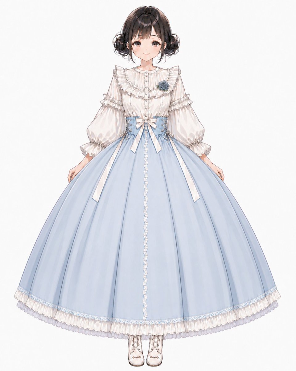 Powder Blue Lolita Dress Portrait GPT Image 2 prompt example variation 2: A full-body photorealistic fashion portrait showcasing a powder-blue and white sweet lolita Victorian...