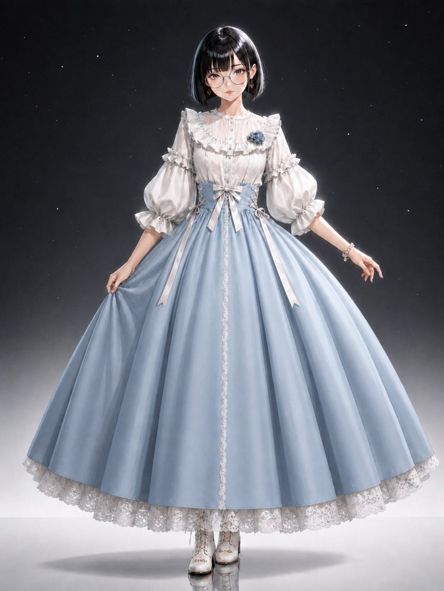 Powder Blue Lolita Dress Portrait GPT Image 2 prompt example: A full-body photorealistic fashion portrait showcasing a powder-blue and white sweet lolita Victorian dress for...