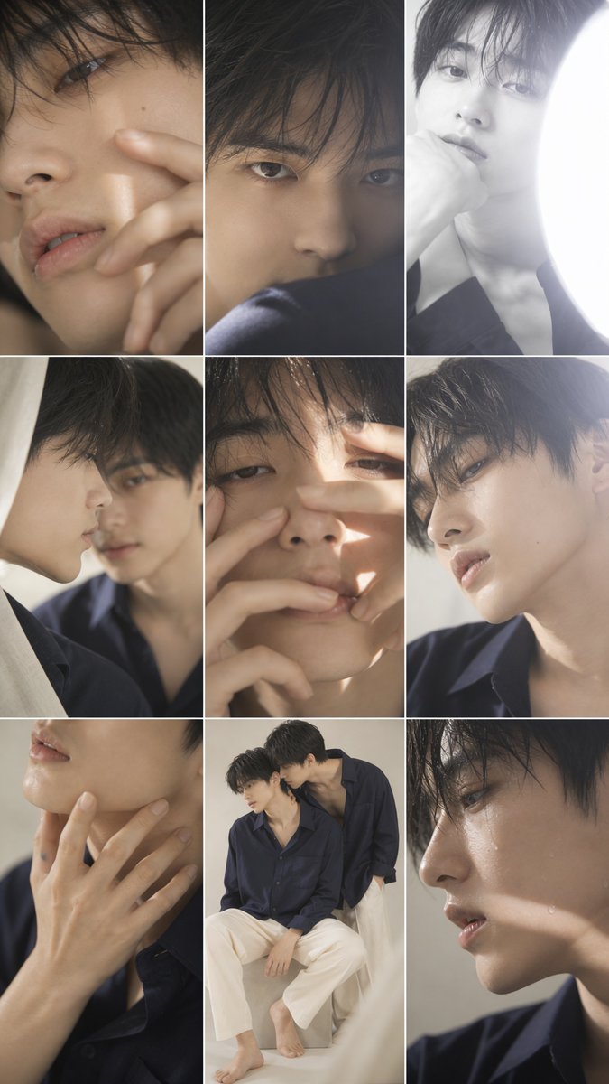 Censored Fashion Couple Collage Qwen Image prompt example: Generates a vertical editorial photo collage of two softly lit male fashion models with privacy-style rectangular...