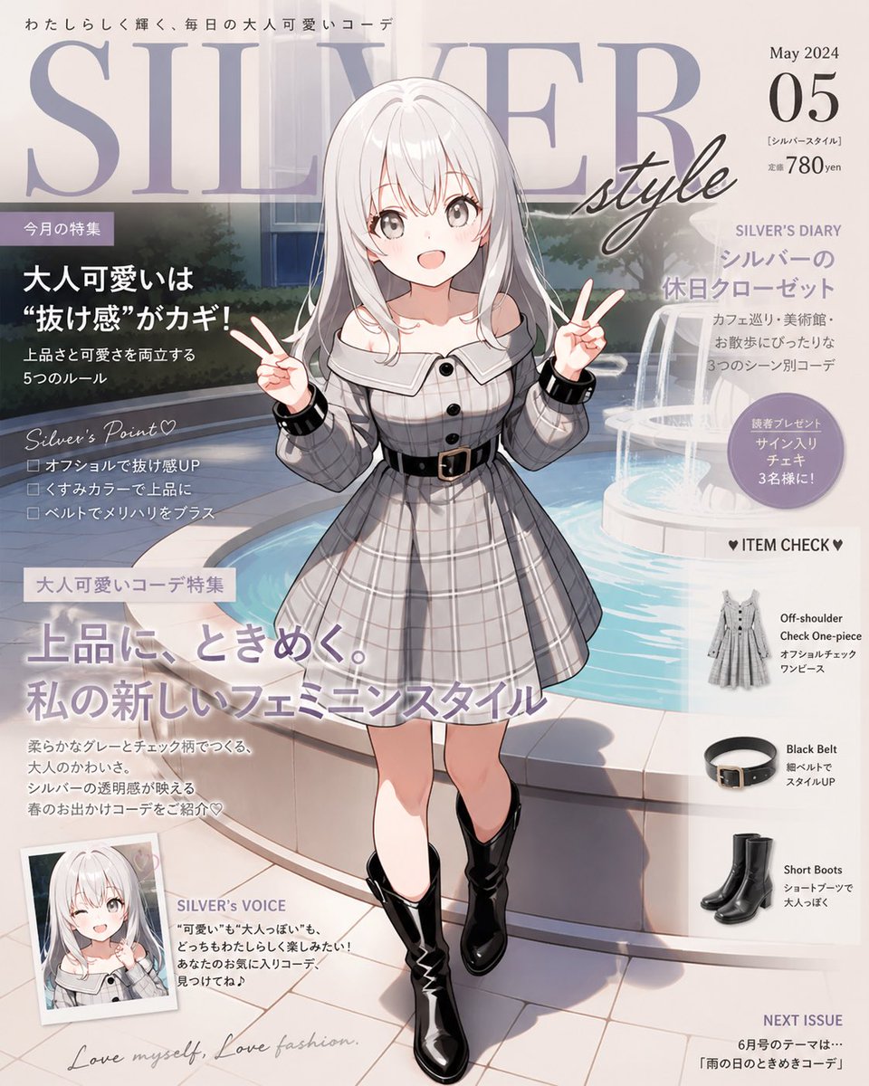 Anime Silver Style Magazine Cover Qwen Image 프롬프트 예시: Generates a Japanese fashion magazine cover featuring an anime model in a silver-gray adult-cute outfit with editorial...