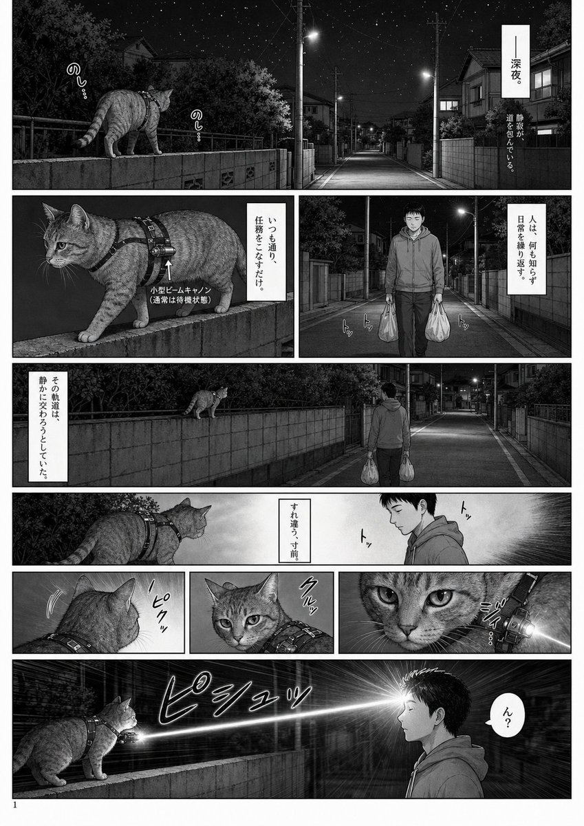 Midnight Laser Cat Manga Page Qwen Image 프롬프트 예시: Generates a monochrome Japanese manga page where a tactical tabby cat patrols a quiet night street and fires a laser at an...