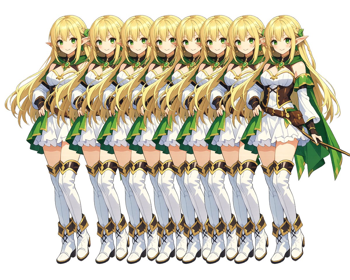Overlapping Elf Warrior Lineup 的 Qwen Image 提示词示例图：Generates a repeated anime fantasy elf warrior character lineup useful for testing isolated character transparency or...