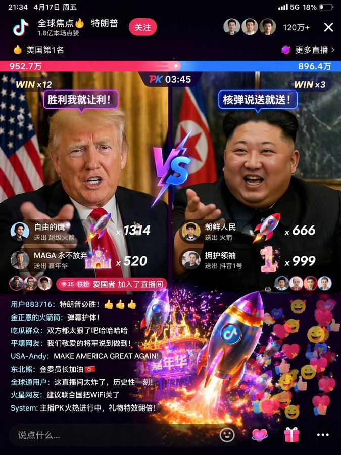 特朗普金正恩抖音直播打PK GPT Image 2 prompt example variation 2: 特朗普金正恩抖音直播打PK,AI assistant模型图片提示词案例。标签:直播间、特朗普、金正恩。快速复制Nano Banana Pro prompt。