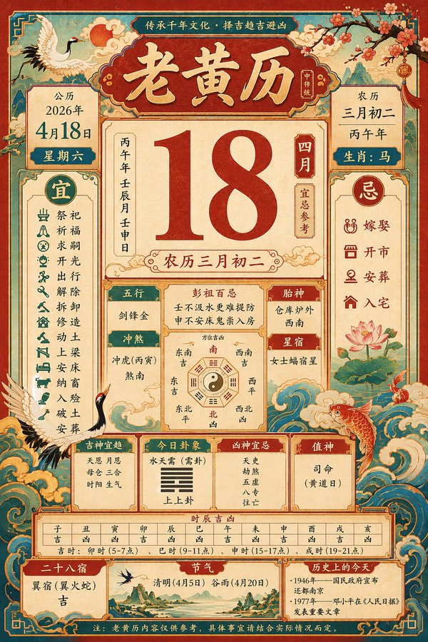 复古传统老黄历二零二六年四月十八 Qwen Image prompt example variation 2: 复古传统老黄历二零二六年四月十八,AI assistant模型图片提示词案例。标签:老黄历、复古风、传统。快速复制Nano Banana Pro prompt。