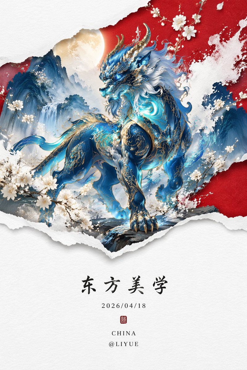 荧光蓝穷奇新中式山水画 的 Qwen Image 提示词示例图 变化图 2：荧光蓝穷奇新中式山水画，AI assistant模型图片提示词案例。关键词：chinese, bottom, china。快速复制Nano Banana Pro prompt。