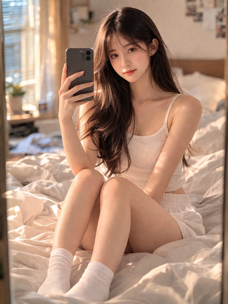 温馨卧室里的少女自拍 Qwen Image prompt example variation 2: 温馨卧室里的少女自拍，AI assistant模型图片提示词案例。关键词：mirror, natural。快速复制Nano Banana Pro prompt。