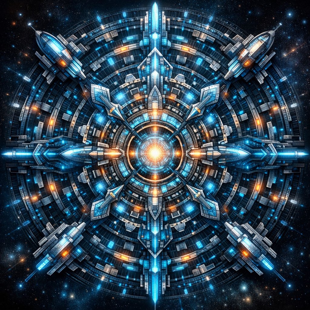 赛博朋克科幻曼荼罗 Qwen Image prompt example variation 2: 赛博朋克科幻曼荼罗,AI assistant模型图片提示词案例。关键词:AI assistant, create, today。快速复制Nano Banana Pro prompt。