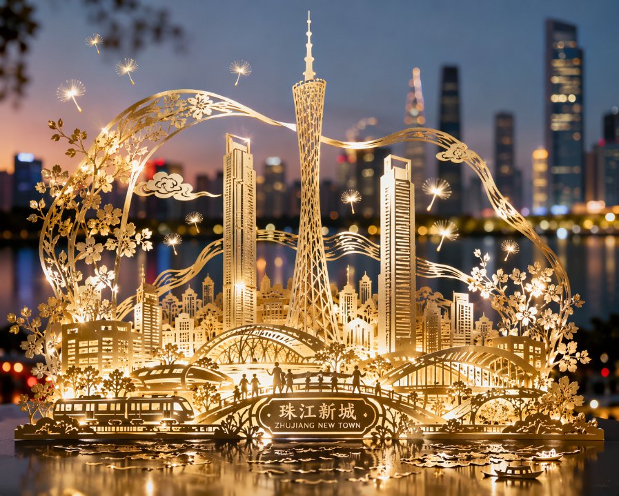 珠江新城剪纸璀璨夜景 GPT Image 2 prompt example variation 2: 珠江新城剪纸璀璨夜景,AI assistant模型图片提示词案例。关键词:paper, light, modern。快速复制Nano Banana Pro prompt。