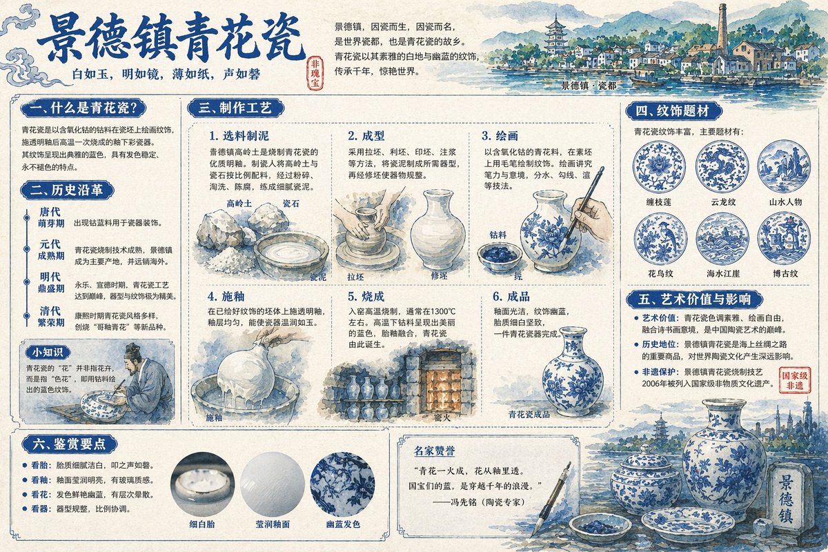 景德镇青花瓷全景解说图谱 Qwen Image 프롬프트 예시 변형 2: 景德镇青花瓷全景解说图谱,AI assistant模型图片提示词案例。关键词:detailed。快速复制Nano Banana Pro prompt。