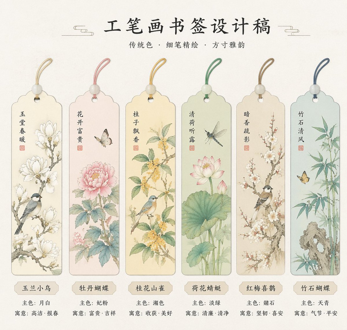绝美国风工笔画书签设计 のQwen Imageプロンプト例 バリエーション 2: 绝美国风工笔画书签设计，AI assistant模型图片提示词案例。标签：工笔画、书签、国风。快速复制Nano Banana Pro prompt。