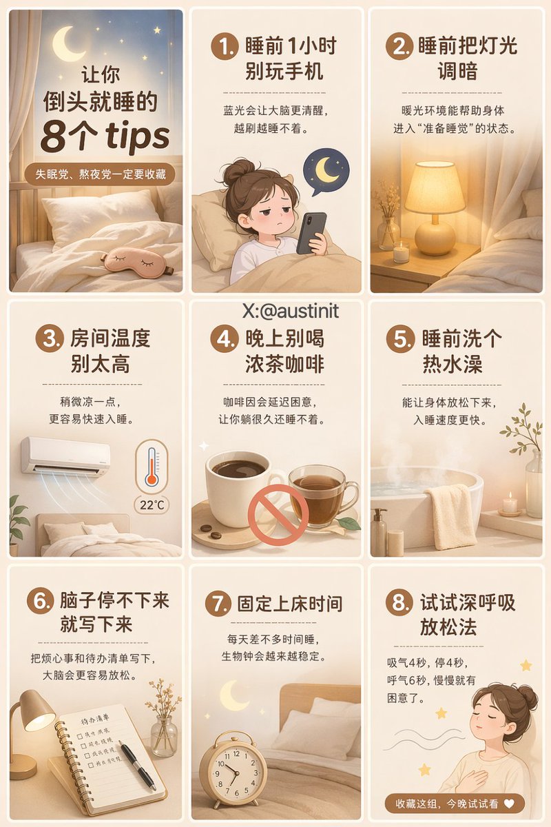 治愈系助眠指南九宫格 Qwen Image 프롬프트 예시 변형 2: 治愈系助眠指南九宫格,AI assistant模型图片提示词案例。关键词:grid, text, body。快速复制Nano Banana Pro prompt。