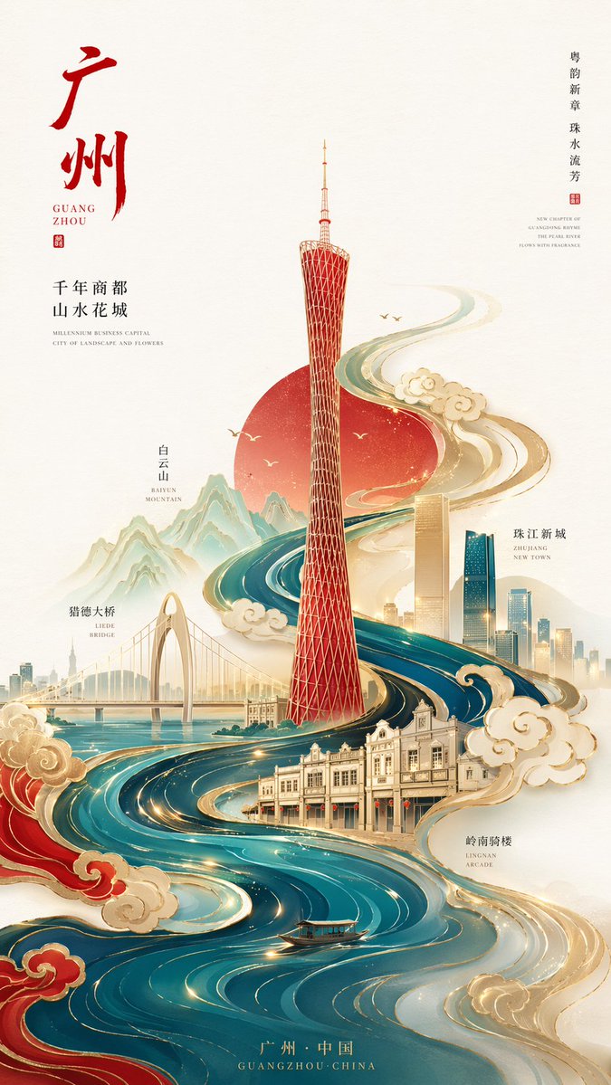 极简国潮鎏金广州塔海报 Qwen Image prompt example variation 2: 极简国潮鎏金广州塔海报，AI assistant模型图片提示词案例。关键词：high, light, flowing。快速复制Nano Banana Pro prompt。