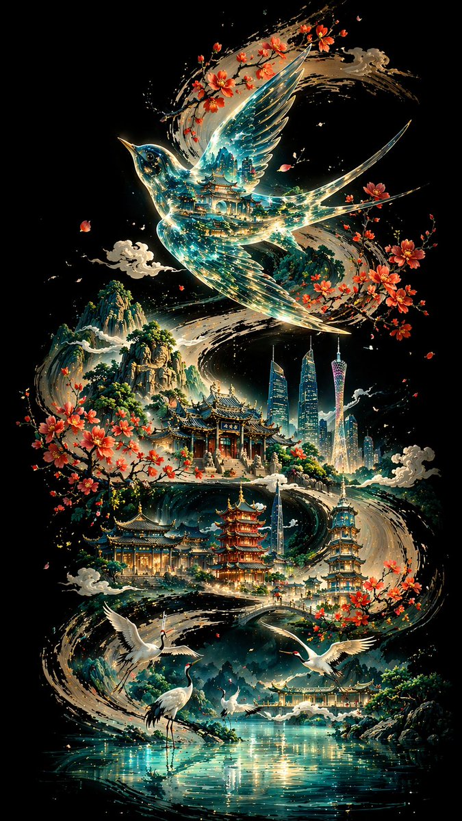琉璃透明画眉鸟飞舞羊城墨卷 Qwen Image prompt example variation 2: 琉璃透明画眉鸟飞舞羊城墨卷，AI assistant模型图片提示词案例。关键词：light, curve, foreground。快速复制Nano Banana Pro prompt。