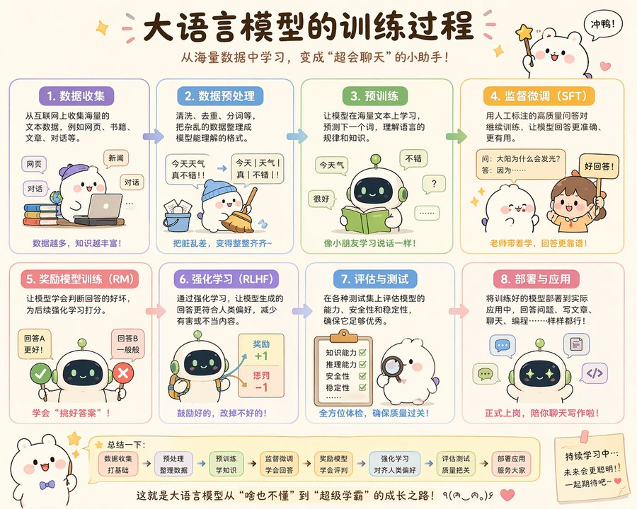 萌系大模型训练图解 Qwen Image 프롬프트 예시 변형 2: 萌系大模型训练图解，AI assistant模型图片提示词案例。标签：大模型、萌系、科普。快速复制Nano Banana Pro prompt。