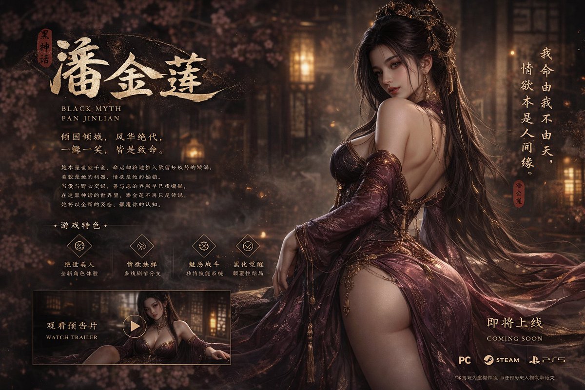 黑神话潘金莲绝美游戏封面 Qwen Image prompt example variation 2: 黑神话潘金莲绝美游戏封面，AI assistant模型图片提示词案例。标签：黑神话、潘金莲、迷人。快速复制Nano Banana Pro prompt。