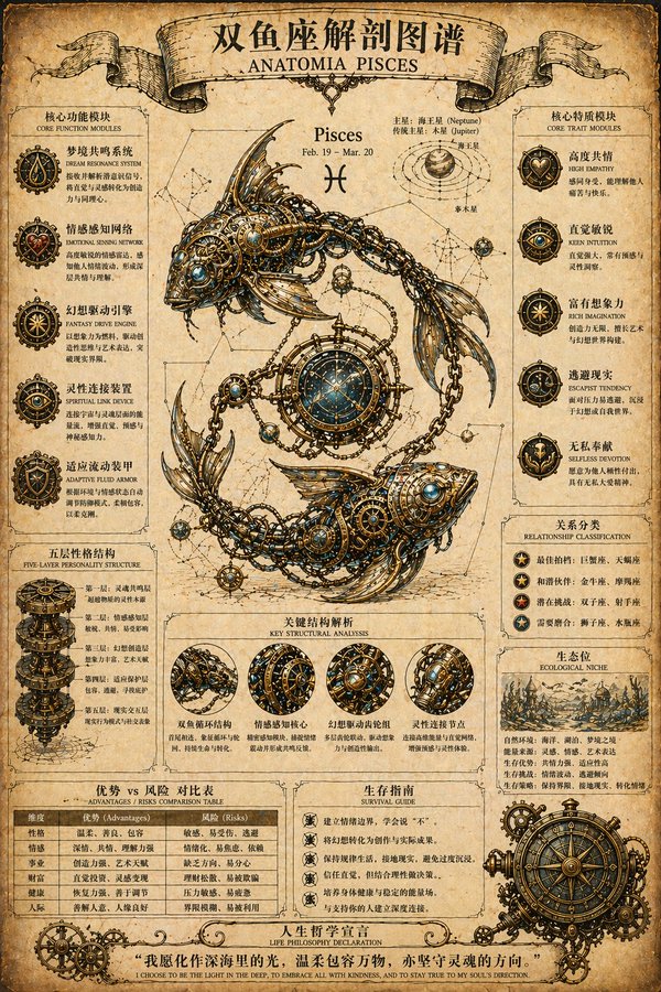 蒸汽朋克射手座解剖图谱 Qwen Image prompt example variation 2: 蒸汽朋克射手座解剖图谱,AI assistant模型图片提示词案例。关键词:constellation, steampunk, vintage。快速复制Nano Banana Pro prompt。