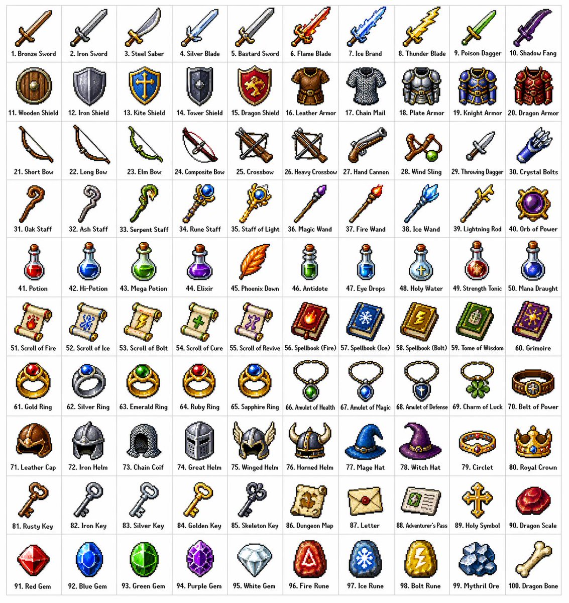 奇幻RPG百件像素风道具图鉴 的 Qwen Image 提示词示例图 变化图 2：奇幻RPG百件像素风道具图鉴，AI assistant模型图片提示词案例。关键词：fantasy, sprite, item。快速复制Nano Banana Pro prompt。