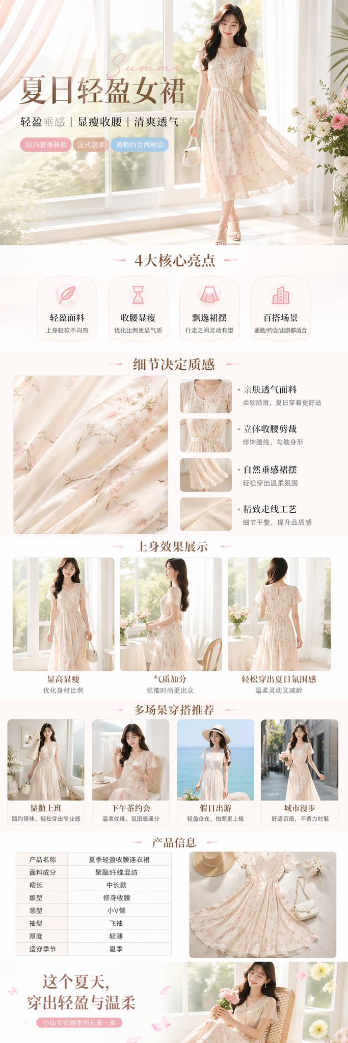 清新夏日女装连衣裙电商展示 Qwen Image prompt example variation 2: 清新夏日女装连衣裙电商展示，AI assistant模型图片提示词案例。标签：夏季裙、电商图、详情页。快速复制Nano Banana Pro prompt。