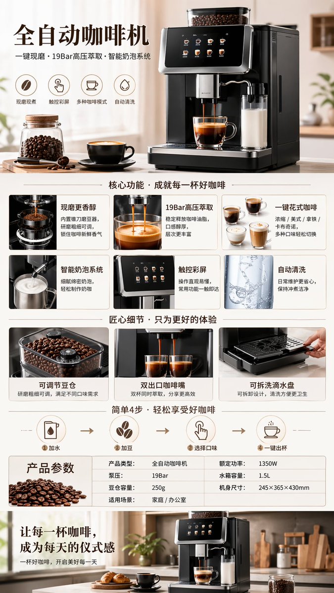全自动咖啡机产品展示 Qwen Image prompt example variation 2: 全自动咖啡机产品展示,AI assistant模型图片提示词案例。标签:咖啡机、全自动、电商图。快速复制Nano Banana Pro prompt。