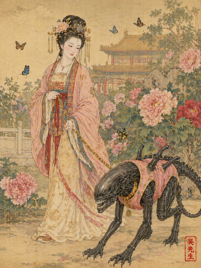 唐朝贵妇遛粉色马甲异形工笔画 のQwen Imageプロンプト例 バリエーション 2: 唐朝贵妇遛粉色马甲异形工笔画,AI assistant模型图片提示词案例。关键词:leash, xenomorph, like。快速复制Nano Banana Pro prompt。
