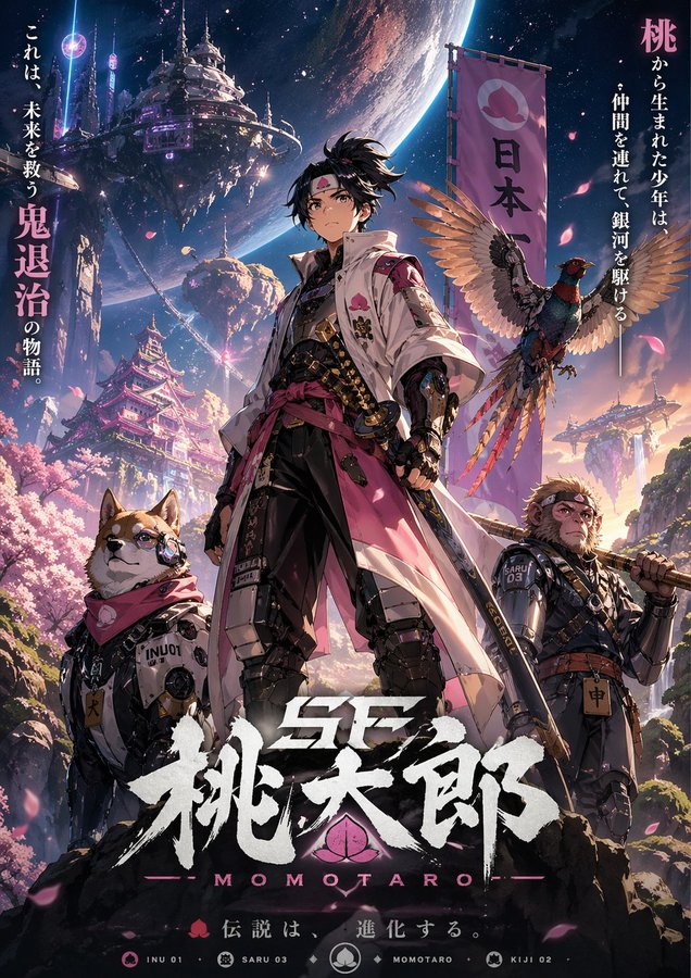 赛博科幻桃太郎主视觉图 的 GPT Image 2 提示词示例图 变化图 2:赛博科幻桃太郎主视觉图,AI assistant模型图片提示词案例。关键词:design。快速复制Nano Banana Pro prompt。