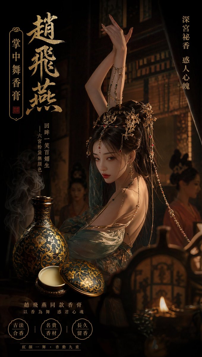 冷艳缠枝莲宫廷香膏广告 Qwen Image prompt example variation 2: 冷艳缠枝莲宫廷香膏广告,AI assistant模型图片提示词案例。标签:掌中舞、深宫风、香膏。快速复制Nano Banana Pro prompt。