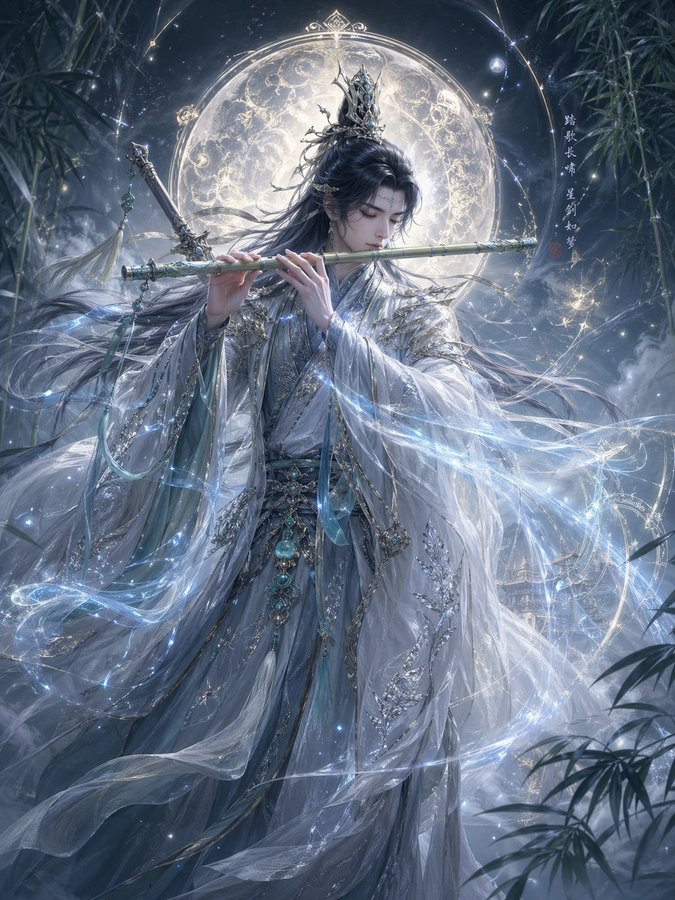 东方仙侠神话圣像概念原画 Qwen Image prompt example variation 2: 东方仙侠神话圣像概念原画，AI assistant模型图片提示词案例。关键词：character, musical, instrument。快速复制Nano Banana Pro prompt。