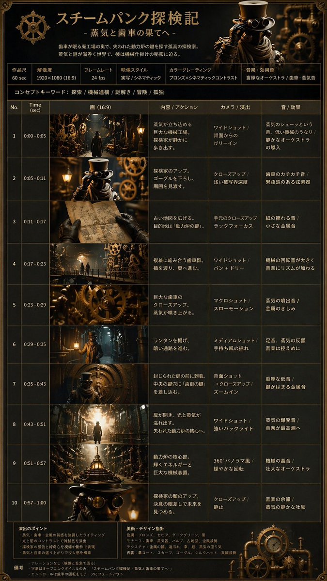 蒸汽朋克探险记分镜图 のQwen Imageプロンプト例 バリエーション 2: 蒸汽朋克探险记分镜图,AI assistant模型图片提示词案例。关键词:storyboard, aspect, ratio。快速复制Nano Banana Pro prompt。
