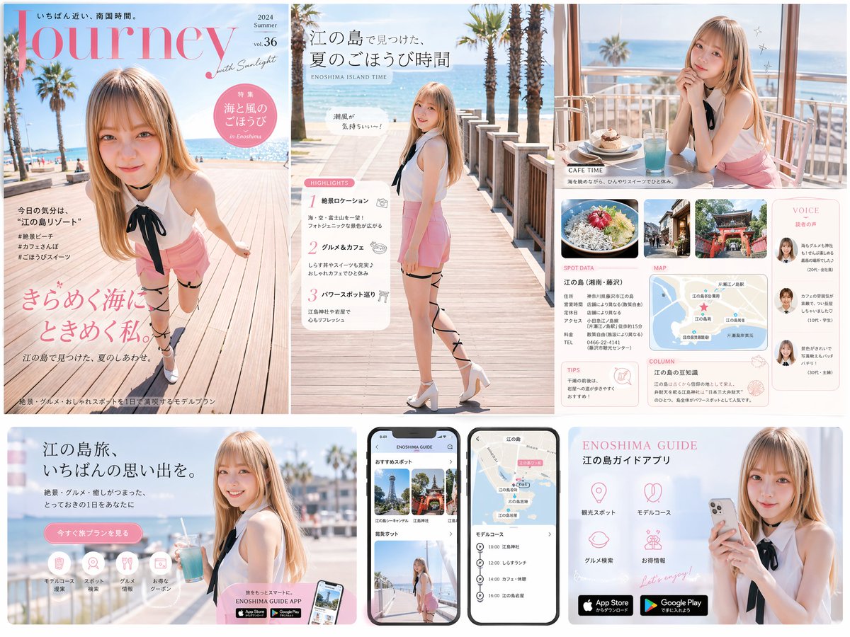 实景女性旅行杂志设计 のQwen Imageプロンプト例 バリエーション 2: 实景女性旅行杂志设计，AI assistant模型图片提示词案例。关键词：such, magazine, page。快速复制Nano Banana Pro prompt。