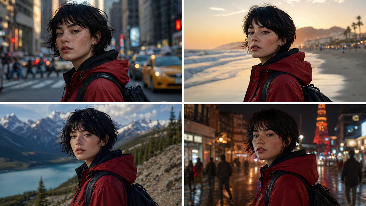 红夹克少女的四重场景穿梭 のQwen Imageプロンプト例 バリエーション 2: 红夹克少女的四重场景穿梭,AI assistant模型图片提示词案例。标签:一致性、红夹克、雀斑。快速复制Nano Banana Pro prompt。