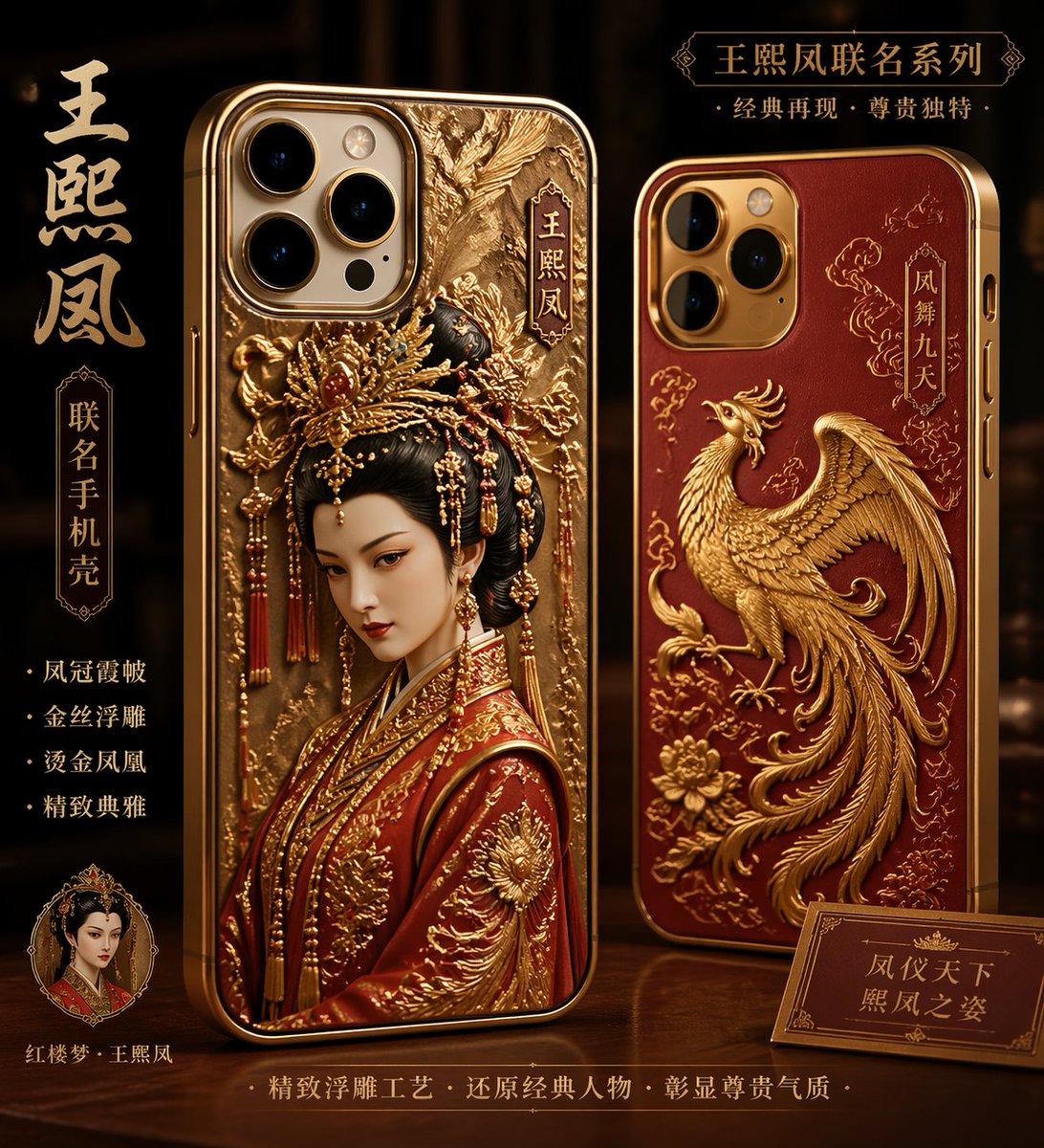 王熙凤金丝浮雕手机壳 Qwen Image prompt example variation 2: 王熙凤金丝浮雕手机壳,AI assistant模型图片提示词案例。关键词:phoenix。快速复制Nano Banana Pro prompt。