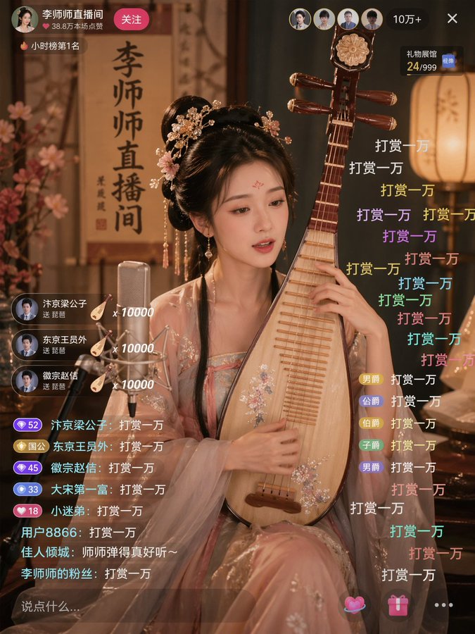 李师师古风琵琶弹唱直播间 GPT Image 2 prompt example variation 2: 李师师古风琵琶弹唱直播间,AI assistant模型图片提示词案例。标签:古风、琵琶、直播。快速复制Nano Banana Pro prompt。